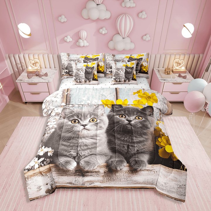 Grey Cat Bed in a Bag Queen Comforter Set 7 Piece,Lovely 3D Kitten Bedding Sets Flowers Sheet Set With Comforter,Cute Pet Animal Bed Set