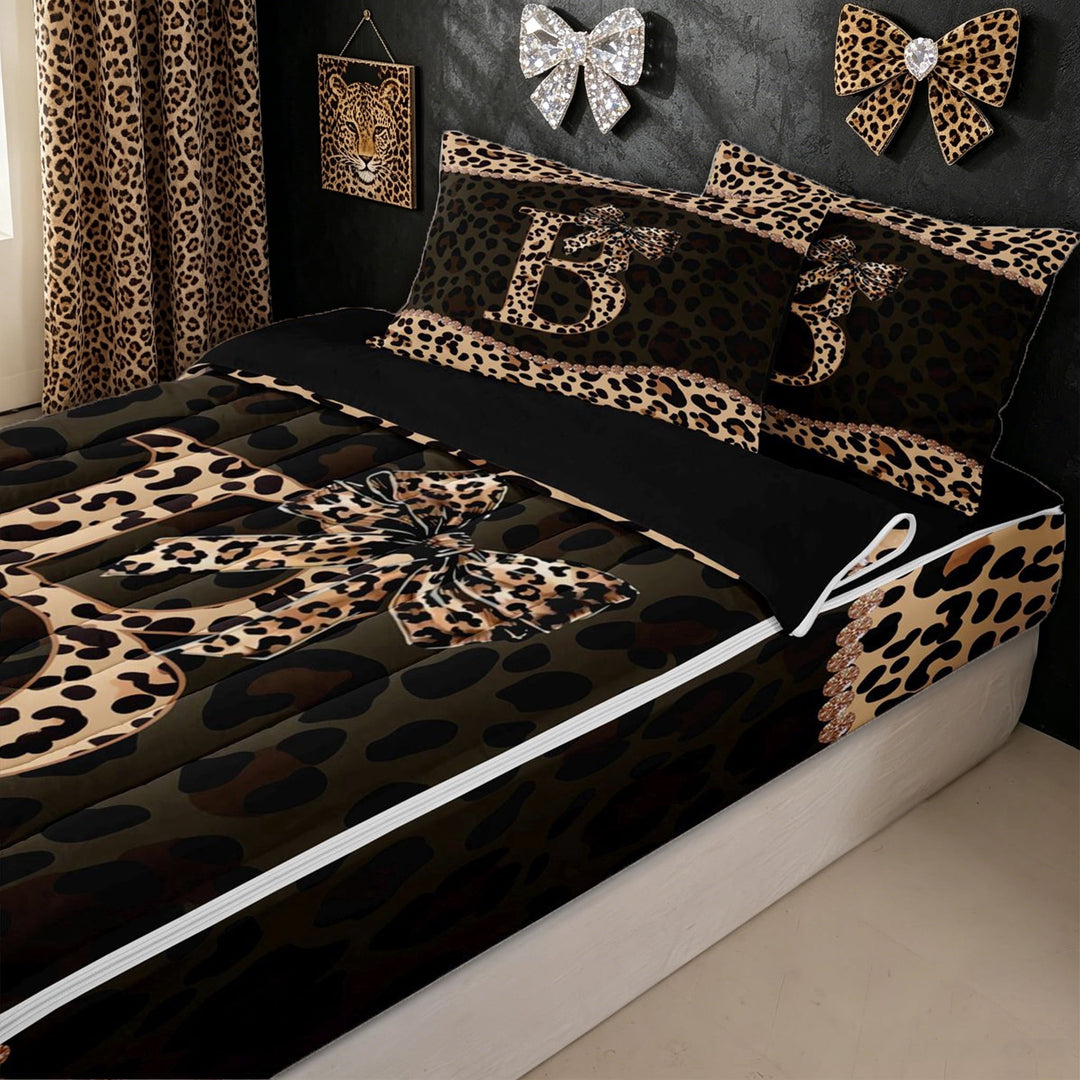 meiyoeat Bowknot Letter B Zipper Full Size Comforter Sets with Fitted Sheet and 2 Pillowcases for Kids Girls, Cheetah Print Diamond Zipper Bedding Set, Brown Black, Black Reversible, 4pcs