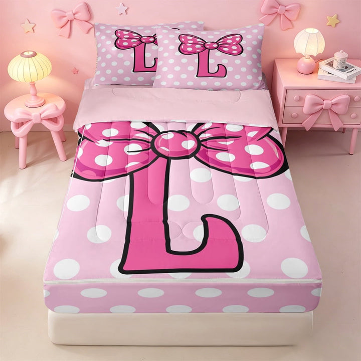 meiyoeat Personalized Initial L Zipper Twin Comforter Sets with Fitted Sheet and 2 Pillowcases,Dreamy Princess Bow Zipper Bedding Set For Bow Tie Lovers,Pink Reversible,4pcs