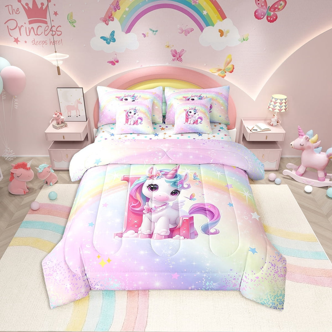 Erosebridal Initial A-Z Bed in a Bag Twin size, Initial Letter L Bed Set, Girly Fairy Unicorn Decor, Reversible