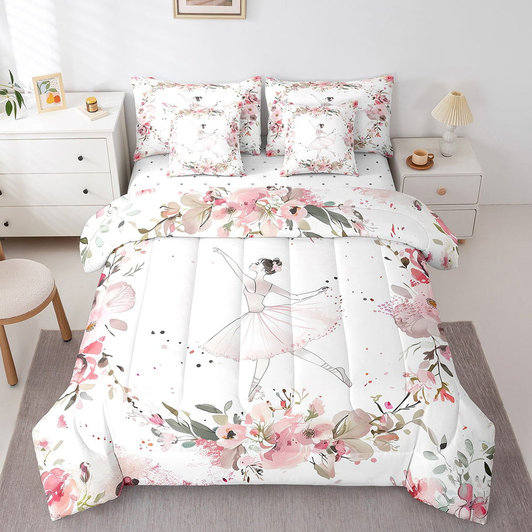 7Pcs Ballet Bedding Set Full Size, Pink Flower Comforter Set Teens Adult Women Bedroom, Ballerina Bedding Comforter Sets, Floral Rustic Farmhouse Sheet Set, Pink