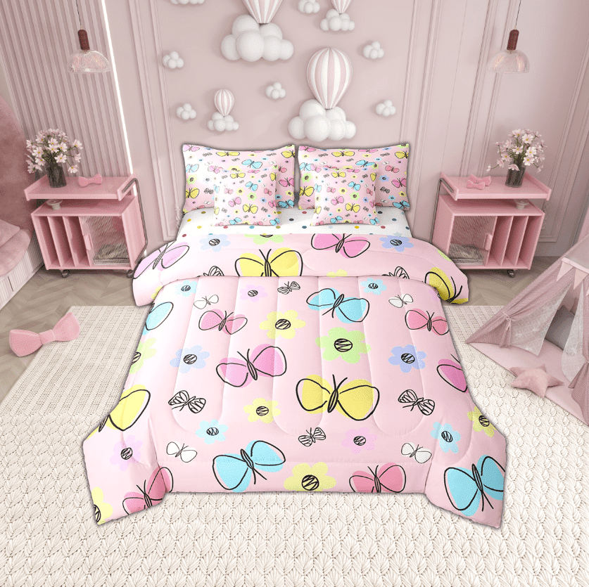 Erosebridal Floral Butterfly Bedding Sets Twin Size,Kawaii Cute Comforter Sets with Sheets,Super Cozy Reversible Bed in a Bag Twin size,Teenager Bedroom Decor,7pcs