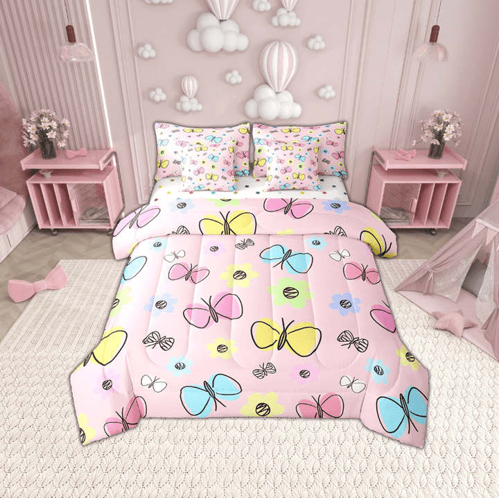 Erosebridal Floral Butterfly Bedding Sets Twin Size,Kawaii Cute Comforter Sets with Sheets,Super Cozy Reversible Bed in a Bag Twin size,Teenager Bedroom Decor,7pcs