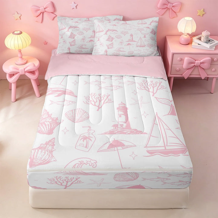 meiyoeat Pink Coastal Sketch Pattern Zipper Full Size Comforter Sets with Fitted Sheet and 2 Pillowcases,Marine Navigation Theme Zipper Bedding Set For Girl,Reversible,4 Pieces