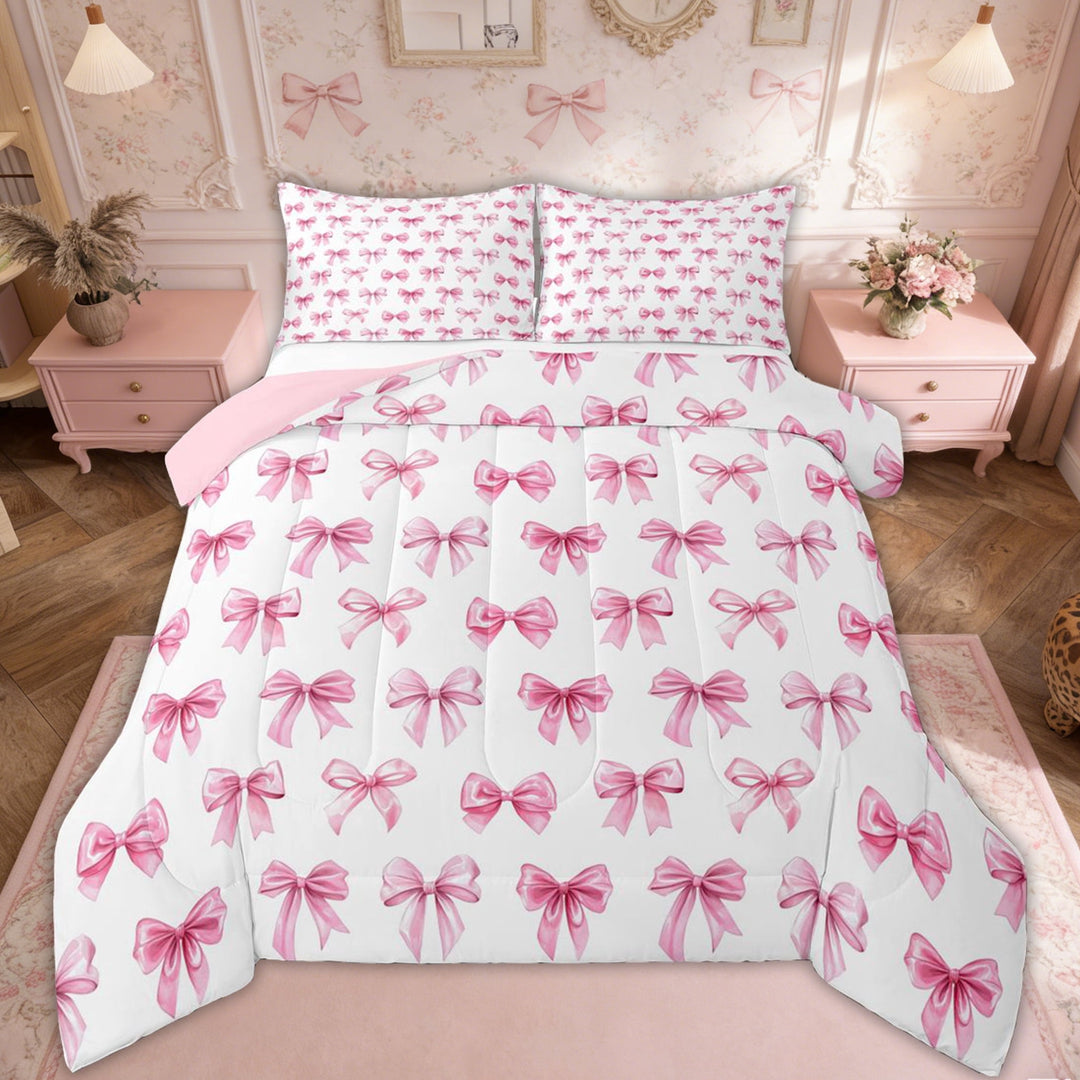 Erosebridal Cartoon Ribbon Kids Queen Comforter Set, Kawaii Bow-tie Bedding Comforter Set, Pink, 3pcs