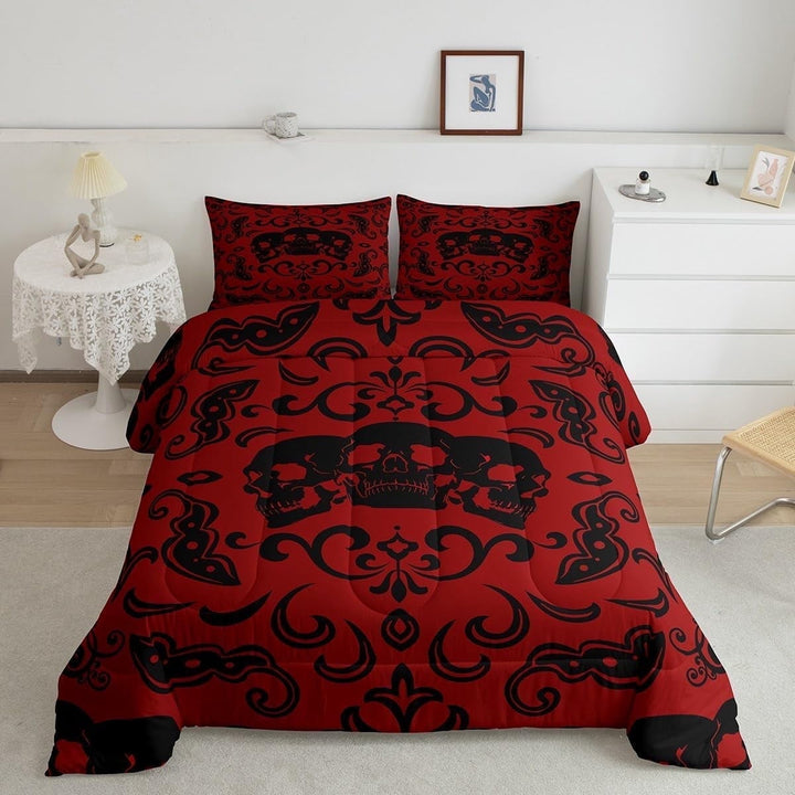Halloween Skull Comforter Set Queen Retro Baroque Damask Goth Bedding Set Halloween Red Black Skeleton Gothic Bedding Comforter Sets Men,Reversible Black Horror Quilt 2 Pillow Cases