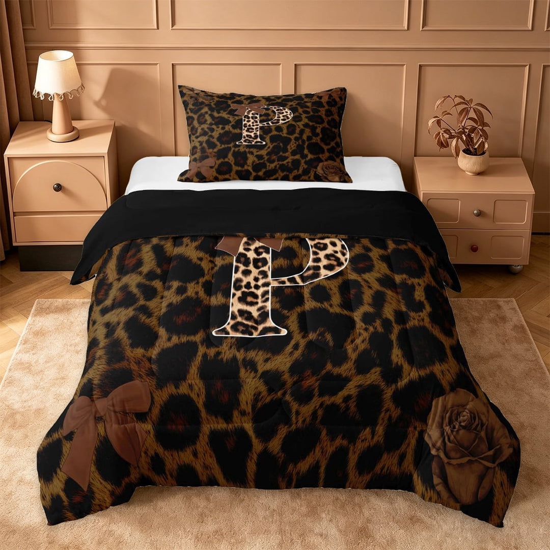 Erosebridal Women Cheetah Printed Twin Comforter Sets,Watercolor Aesthetic Letter P Initial Print Bedding Set For Adults,Black Reversible,2-Piece