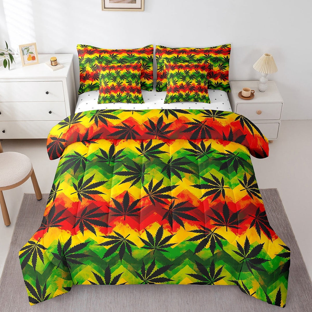Erosebridal Marijuana Bed in a Bag Queen size, Cannabis Leaves Comforter Sets with Sheets, Colorful Stripe Decor, Lightweight 7-Piece