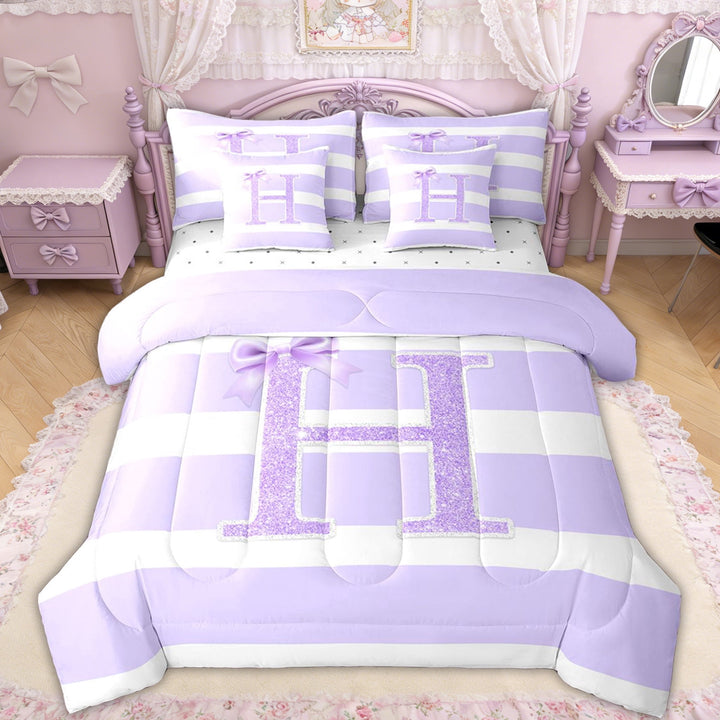 Erosebridal Glitter Print Bow Letter H Twin Bedding Sets for Girls, Purple Stripes Ribbon Bedding Comforter Set, Reversible, 7 Pieces