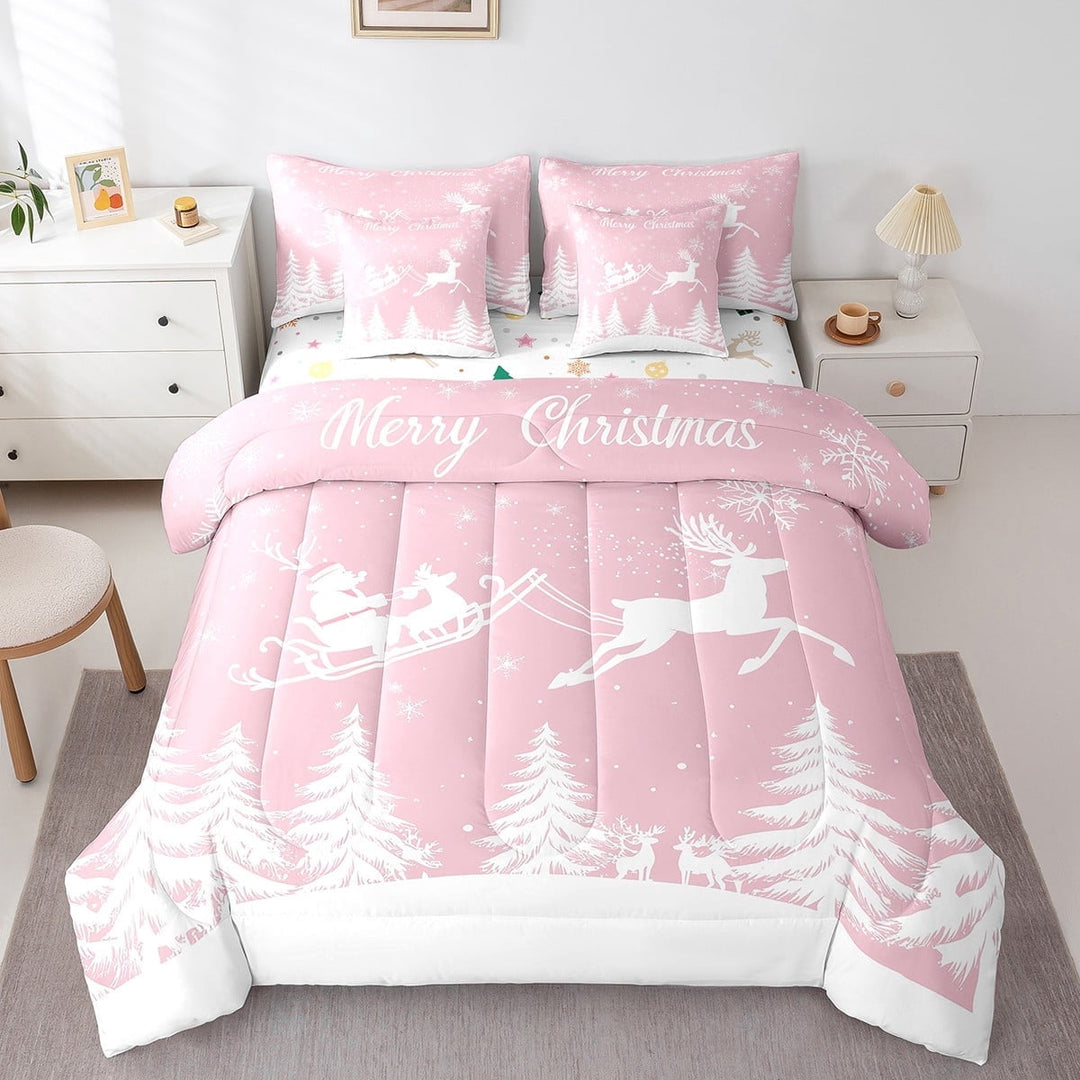 Merry Christmas Bed in a Bag Queen Comforter Set 7 Piece,White Christmas Tree Sheet Set with Comforter,Santa Claus Bedding Sets,Xmas Snowflake Elk Deer Bed Set Pink Christmas Decorations