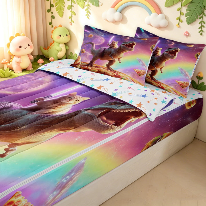 meiyoeat Cat Riding Dinosaur Zipper Twin Comforter Sets with Fitted Sheet and 2 Pillowcases for Boys Girls, Galaxy Space Rainbow Zipper Bedding Set, Purple, Star Reversible, 4pcs
