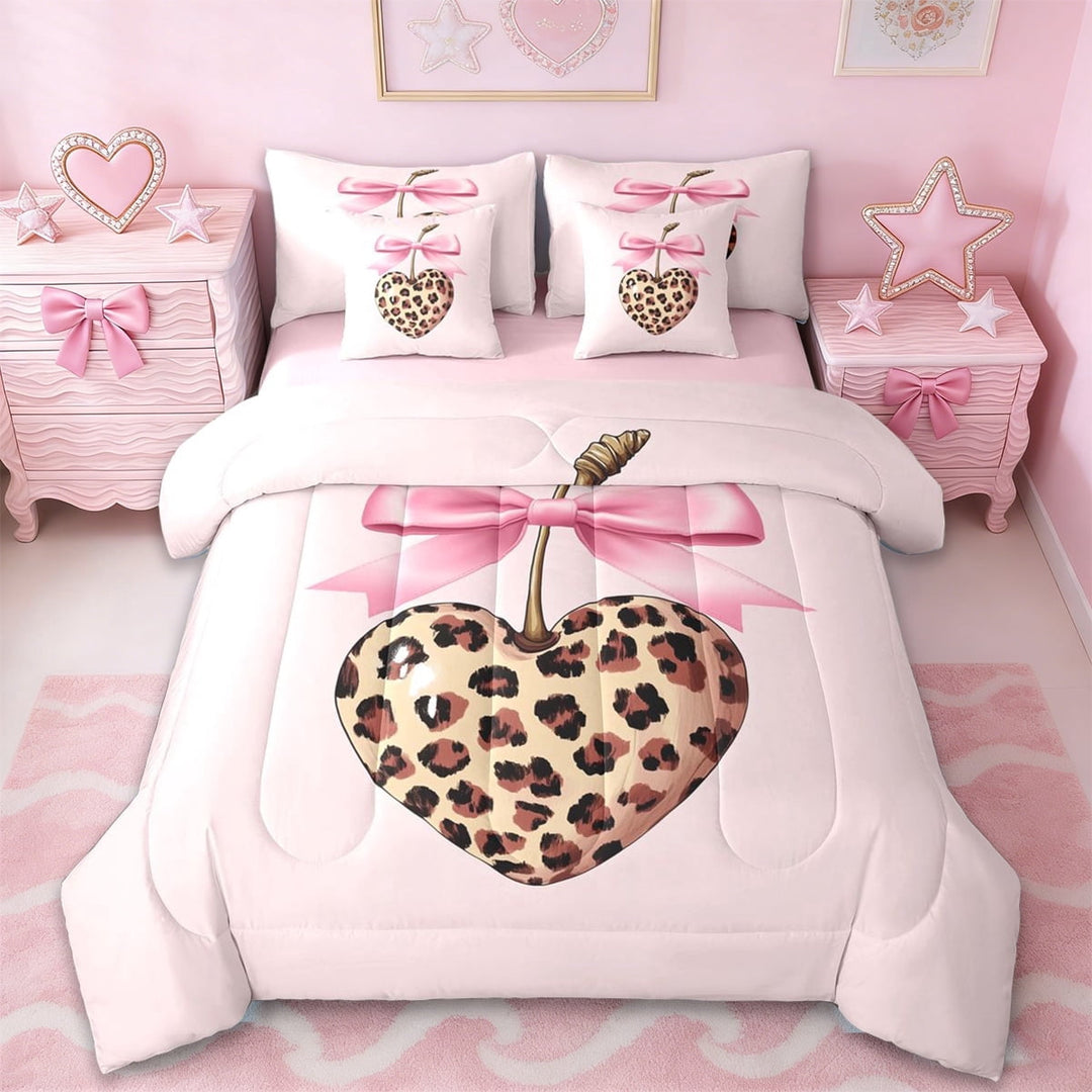 Erosebridal Girls Pink Bowknot 7-Piece Twin Bedding Sets,Chic Leopard Print Cherry Bedding Comforter Set For Kids,Reversible Pink