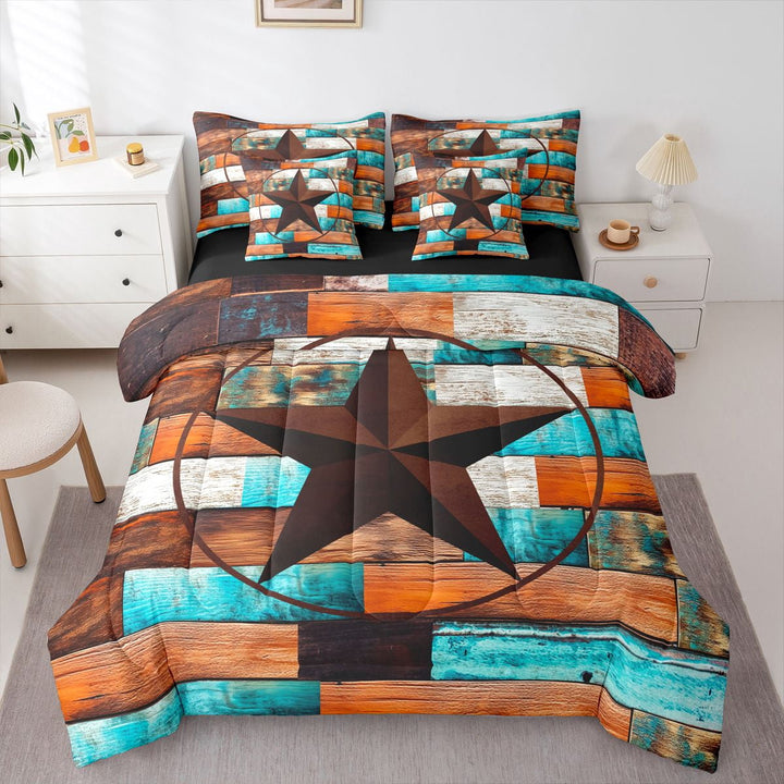 Erosebridal West Texas Star 7 Pcs Comforter Set Twin,Rustic Barn Star Bed in a Bag with Flat Sheet and Fitted Sheet,Country Farmhouse Sheet Set,Blue Green Wooden Bedding Set with Pillowcase &amp; Sham