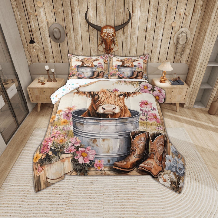 Erosebridal Cartoon Highland Bull Bedding Twin Comforter Set, Southwestern Cowboy Boots Down Comforter, Pink Floral Room Decor, Reversible 2-Piece