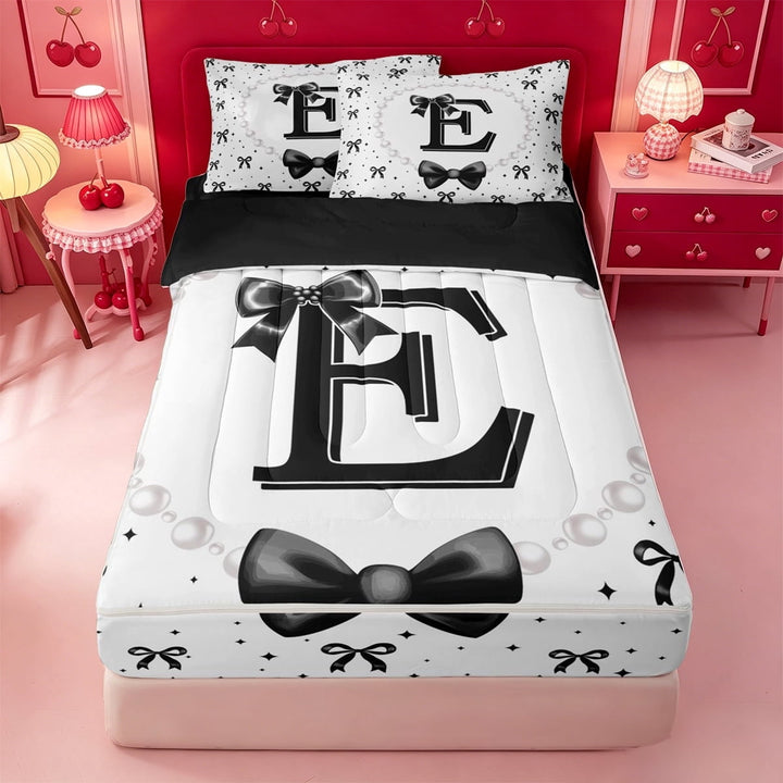 meiyoeat Chic Personalized Monogrammed Gifts Zipper Twin Comforter Sets with Fitted Sheet and 2 Pillowcases For Bow Lovers,Kids Bowknot Alphabet E Print Zipper Bedding Set,Black Reversible,4 Pieces