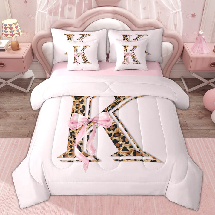 Erosebridal Bow Monogrammed K Twin Bedding Sets for Kids, Pink Cheetah Print Bedding Comforter Set, 7pcs