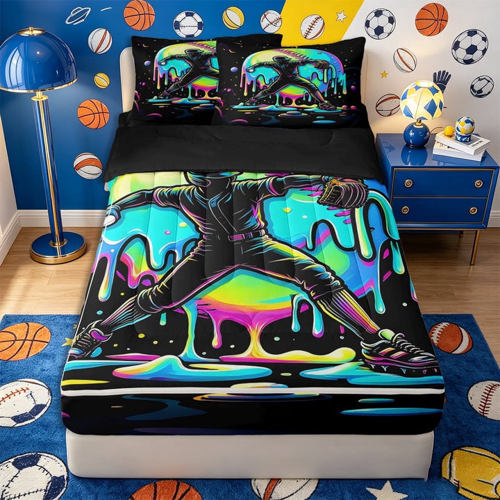 meiyoeat Neon Baseball Pitcher Print Zipper Full Size Comforter Sets with Fitted Sheet and 2 Pillowcases,Ice Cream Drip Zipper Bedding Set,Black Blue,Reversible