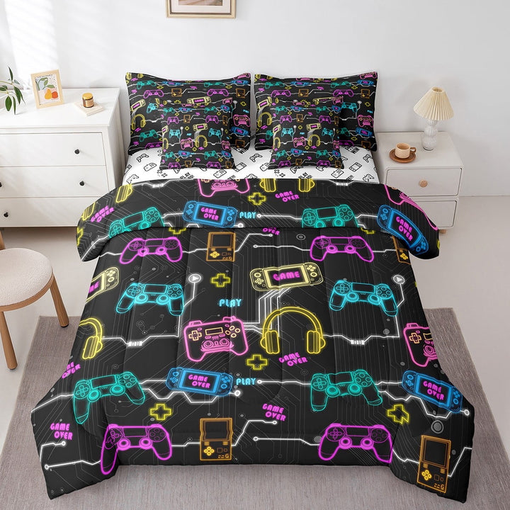Gamer Full Comforter Set 7 Piece,Colorful Neon Gaming Bed in a Bag Teens Adults,Game Console Bedding Sets,Modern Gamepad Sheet Set with Comforter,Black,Reversible
