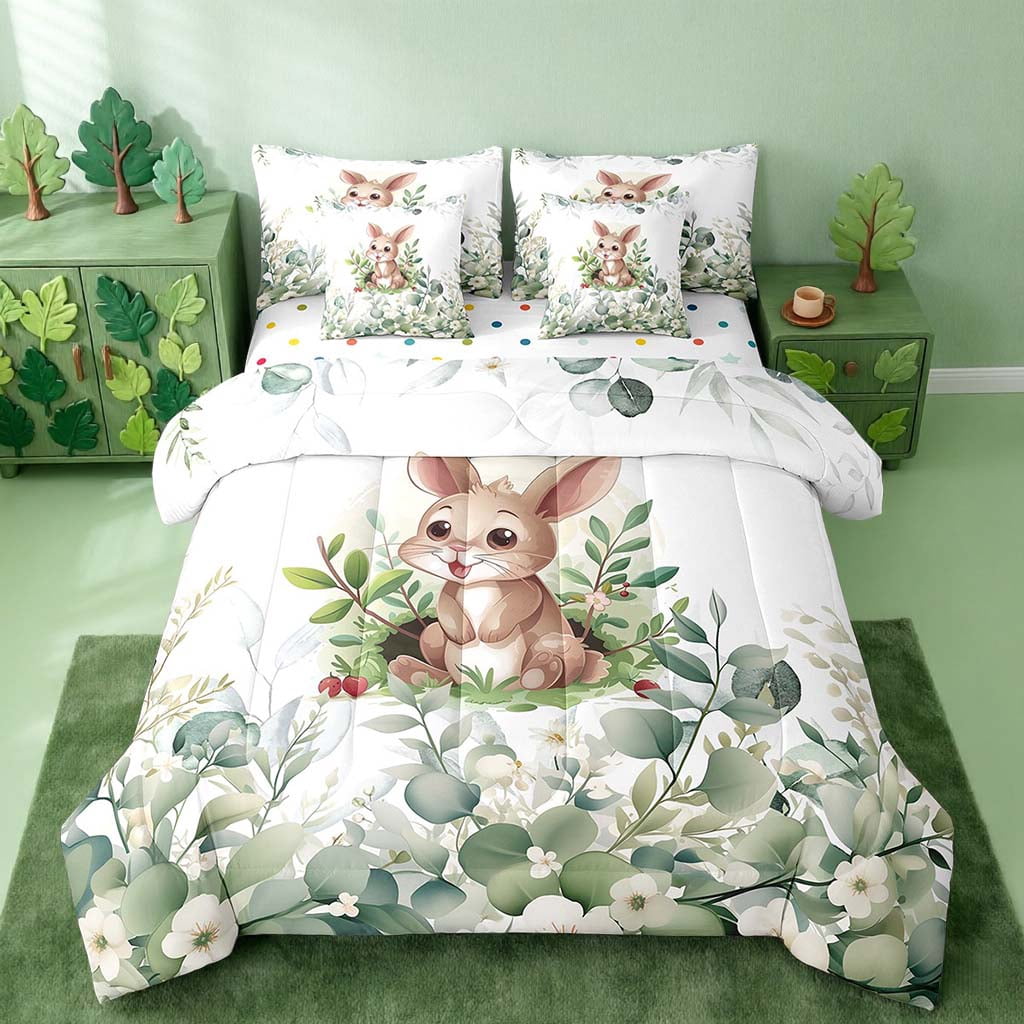 Kawaii Rabbit Bedding Comforter Sets 7pcs Cartoon Bunnies Bed in a Bag, Eucalyptus Leaves Twin Bedding Sets Jungle Wildlife Animals Comforter Set, Botanical Bedding Sets