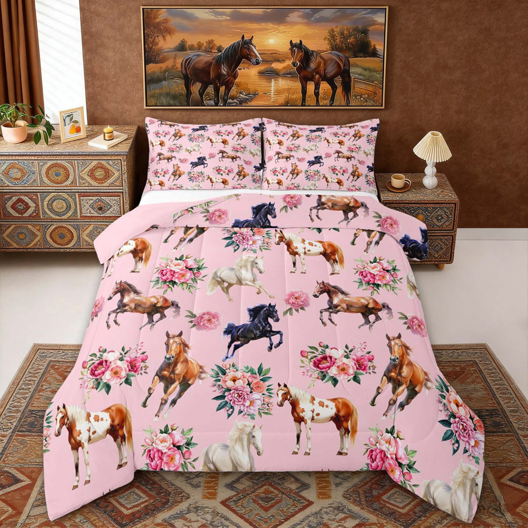 Erosebridal Farm Horse Full Size Comforter Sets, Pink Floral Flower Bedding Sets