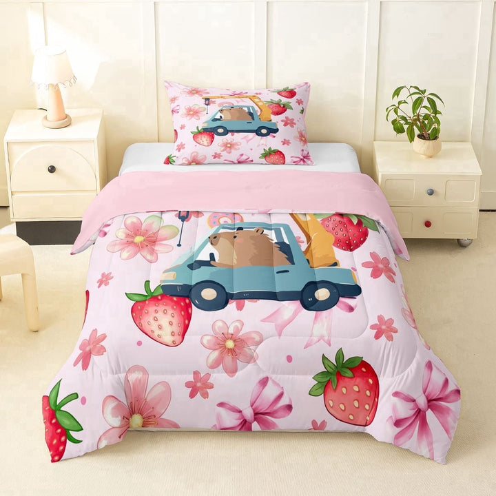 Erosebridal Kids Kawaii Capybara Driving Car Twin Comforter Sets 3-Piece,Boys Girls Cute Bow Floral Strawberry Bedding SetPink Reversible