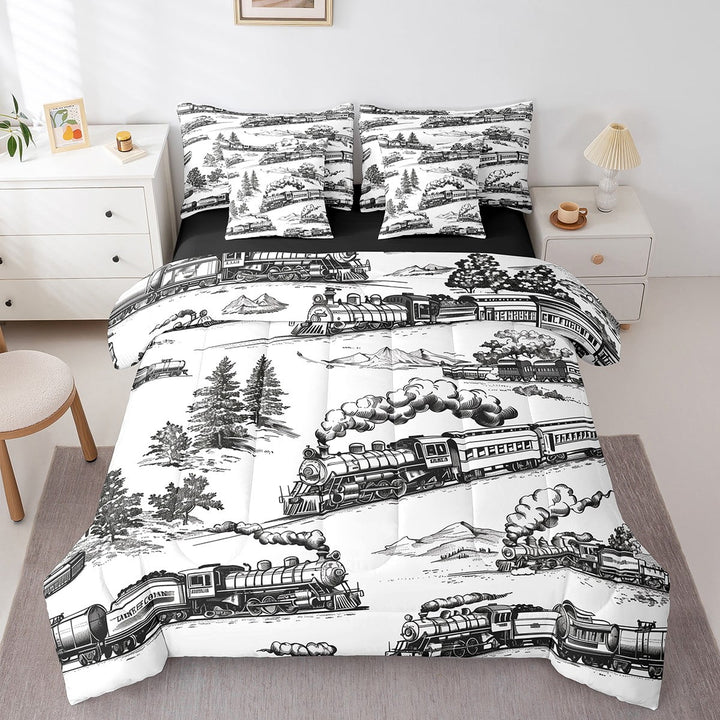 Trains Bedding Full Size 7pcs, Woodland Trees Steam Printed Comforter Set Bed in a Bag, Vintage Mountains Teens Soft Bedding Sets &amp; Collections, Black White Rustic Road Bed Sheets Set