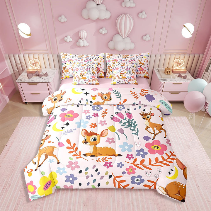 Floral Deer Comforter Set Twin Size 7 Piece Bed in A Bag Farm Flower Bedding Set Teens Super Soft All Season for Bedroom,Reversible Bed Sets