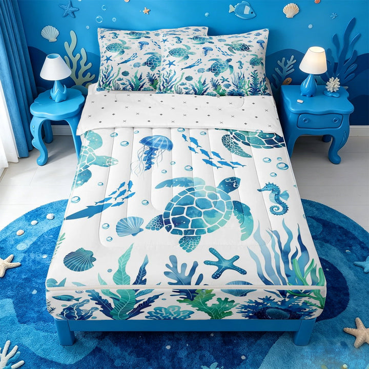 meiyoeat Watercolor Sea Turtle Zipper Twin Comforter Sets with Fitted Sheet and 2 Pillowcases For Boys,Ocean Animal Starfish Zipper Bedding Set,Reversible,4 Pieces