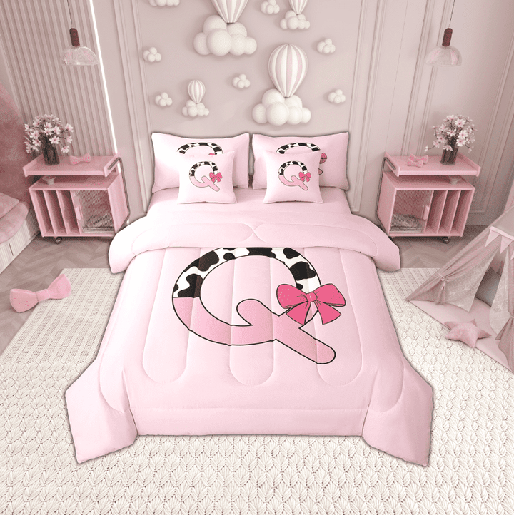 Erosebridal Initial Monogrammed Bedding Sets Twin Size,Bowknot Cow Print Comforter Sets with Sheets,Super Cozy Reversible Bed in a Bag Twin size,Kawaii Room Decorative,7pcs