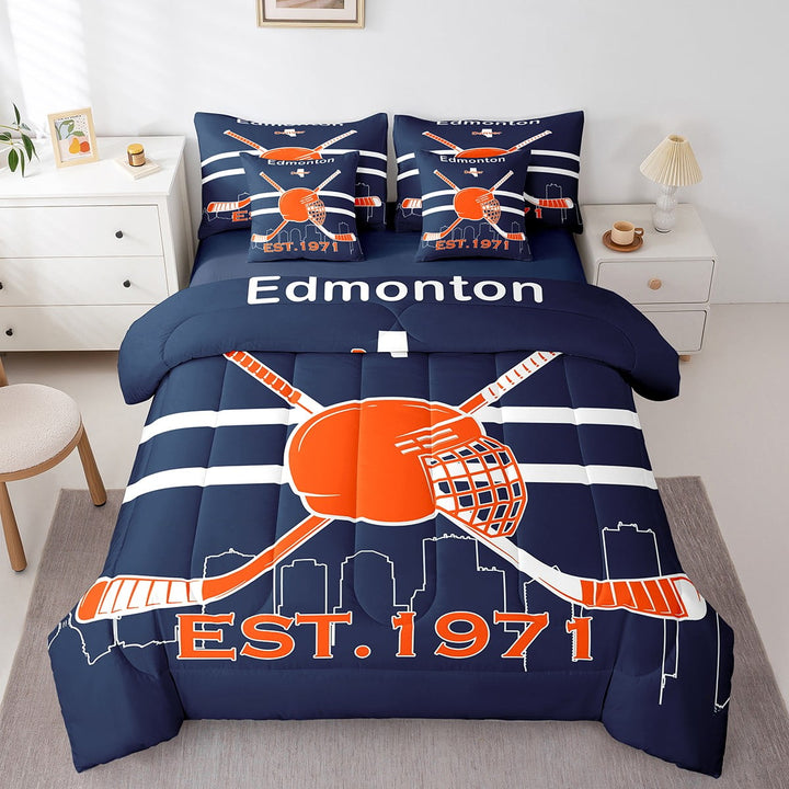 7 Piece Bed in a Bag Twin Size Comforter Set Hockey Bedding Set,Winter Sports Reversible Design Bed Set,Ice Hockey Soft Microfiber Comforter with Sheet Set,All Season,Edmonton