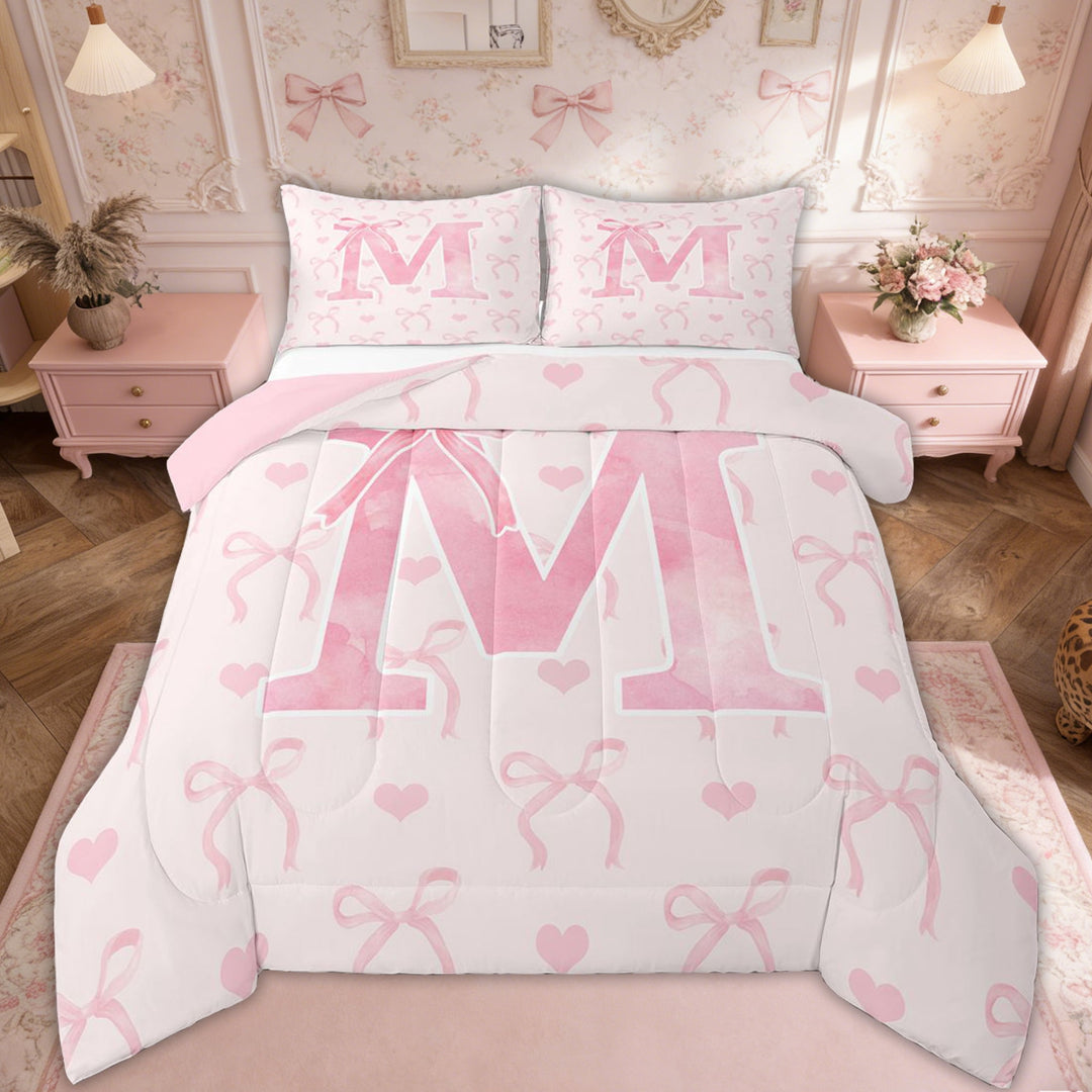 Erosebridal Pink Bow Bedding Full Comforter Set, Initial Letter M Down Comforter, Princess Bowknot Decor, Reversible