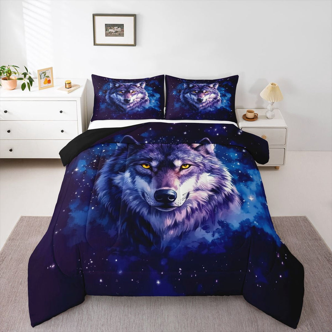 Manfei Starry Night Sky Queen Comforter Set,Wild Wolf Comforter Sets Queen,Purple Blue,Black Reversible,3-Piece,1 Comforter and 2 Pillowcases