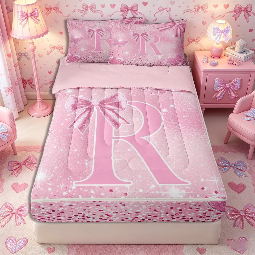 Meiyoeat Bow Letter R Zipper Twin Comforter Sets with Fitted Sheet and 2 Pillowcases for Teens, Sparkle Glitter Butterfly Print Zipper Bedding Set,4-Piece,Pink Reversible