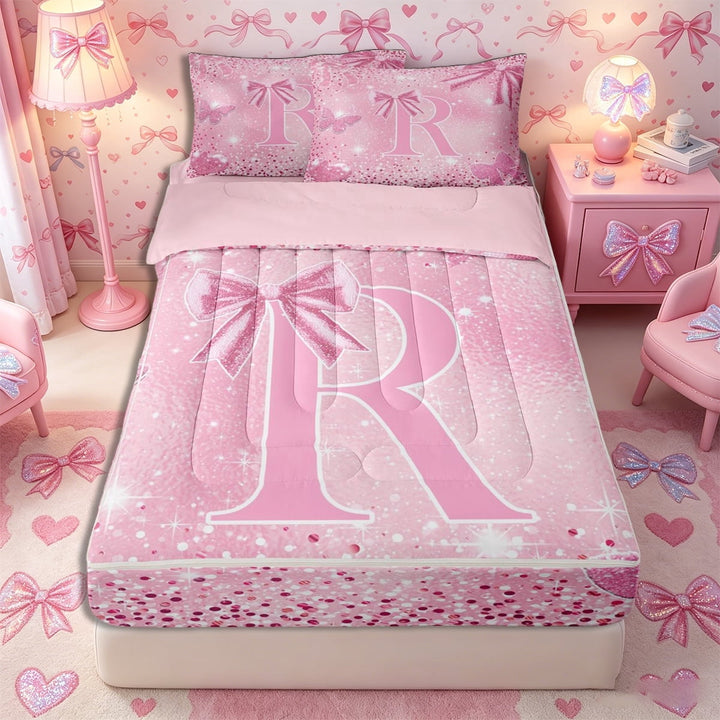 Meiyoeat Bow Letter R Zipper Twin Comforter Sets with Fitted Sheet and 2 Pillowcases for Teens, Sparkle Glitter Butterfly Print Zipper Bedding Set,4-Piece,Pink Reversible