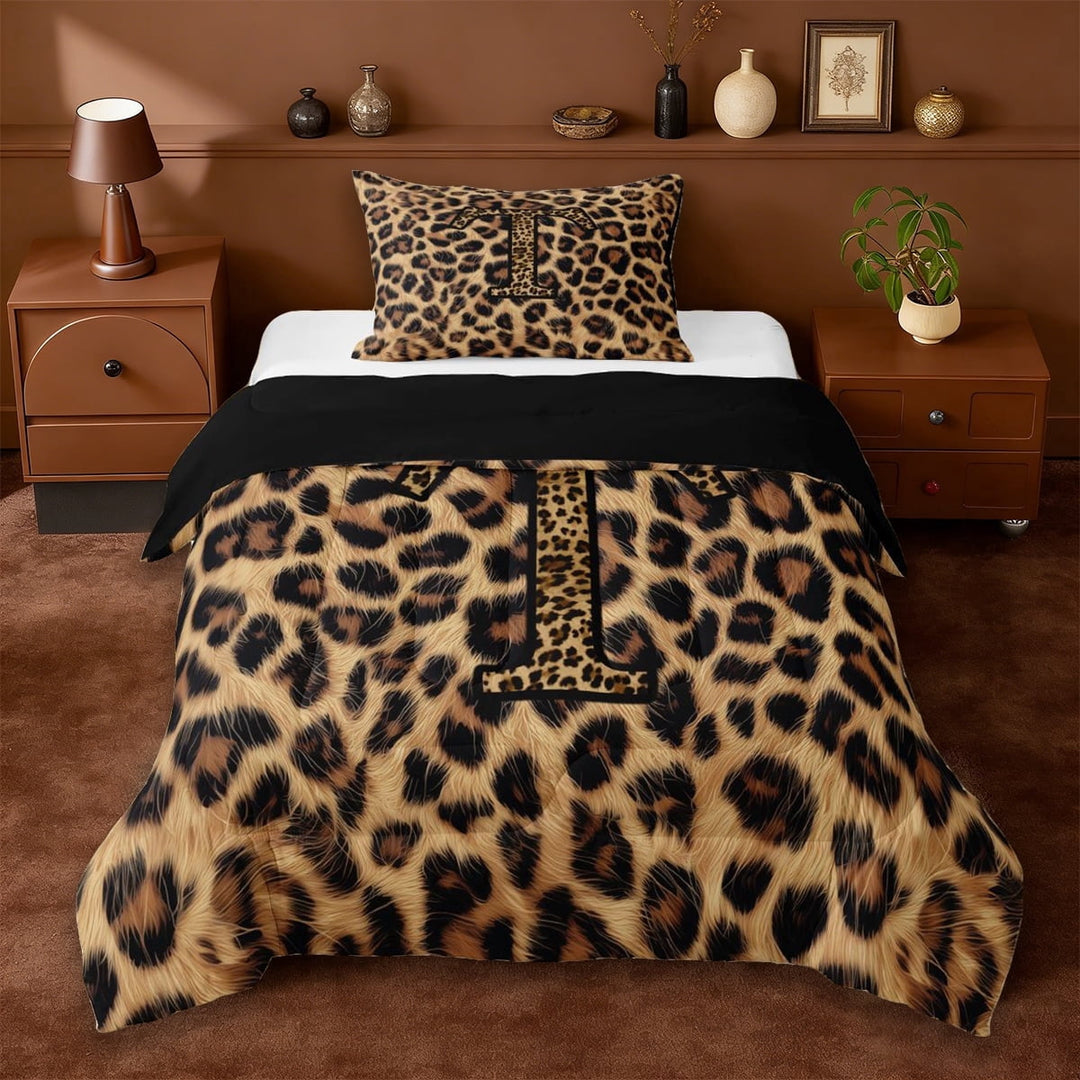 Erosebridal Fashion Letter T Monogrammed Twin Comforter Sets For Cheetah Pattern Lover,Brown Leopard Print Bedding Set For Adults Women,Reversible Black 2-Piece
