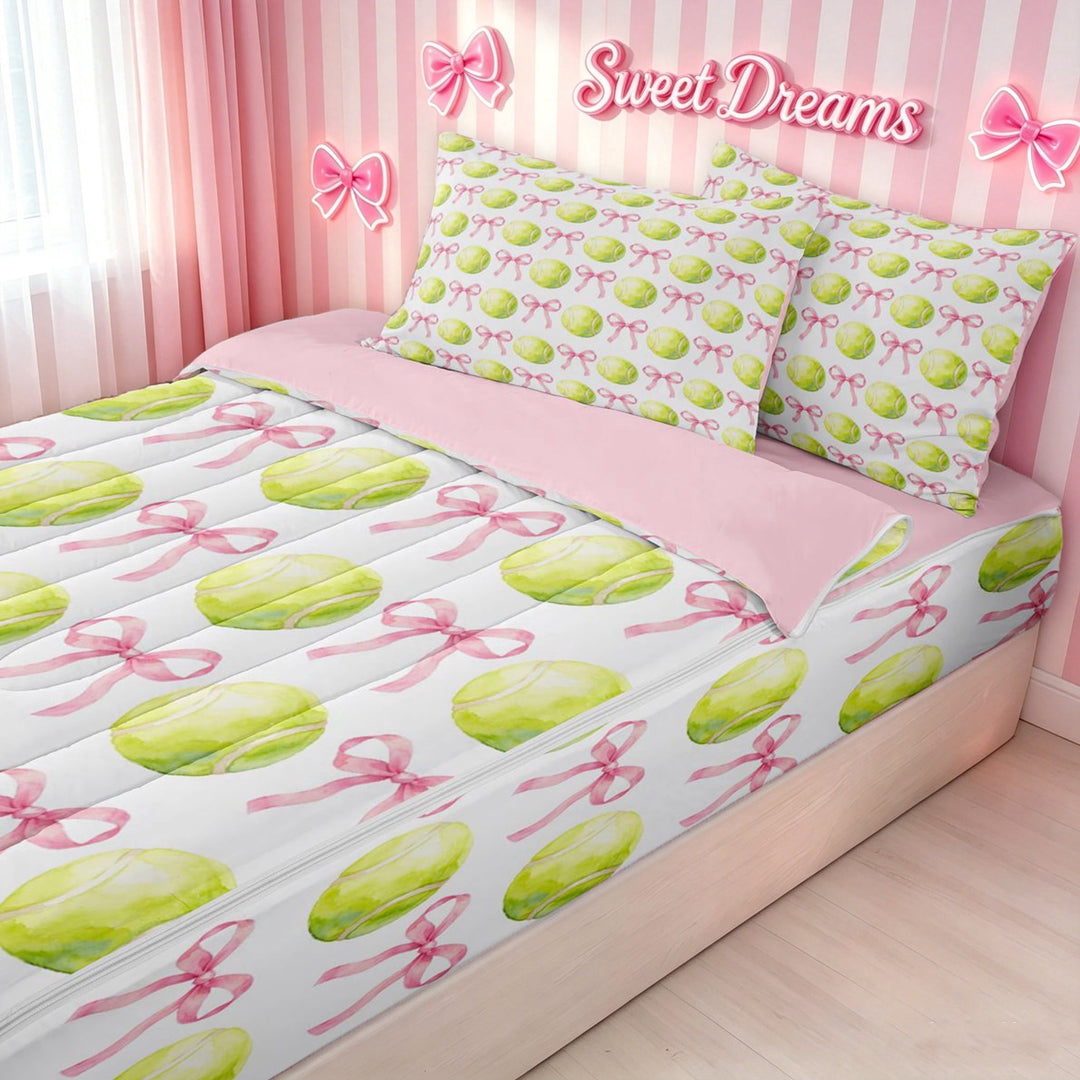 meiyoeat Bow Green Tennis Zipper Twin Comforter Sets with Fitted Sheet and 2 Pillowcases for Girls, Kawaii Cartoon Ribbon Zipper Bedding Set, Pink Reversible, 4-Piece