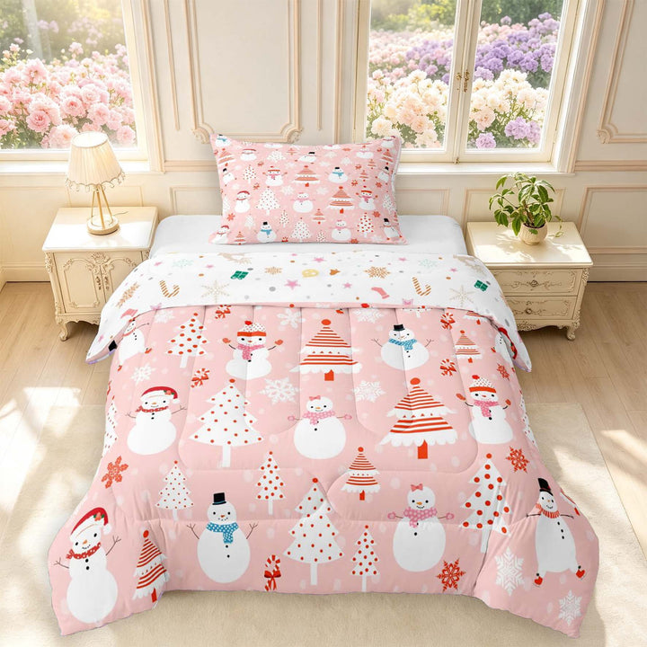 Manfei Cute Snowman Twin Comforter Sets,Polka Dot Christmas Tree Bedding Set,Pink,Christmas Reversible,2 Pieces,1 Comforter and 1 Pillowcase