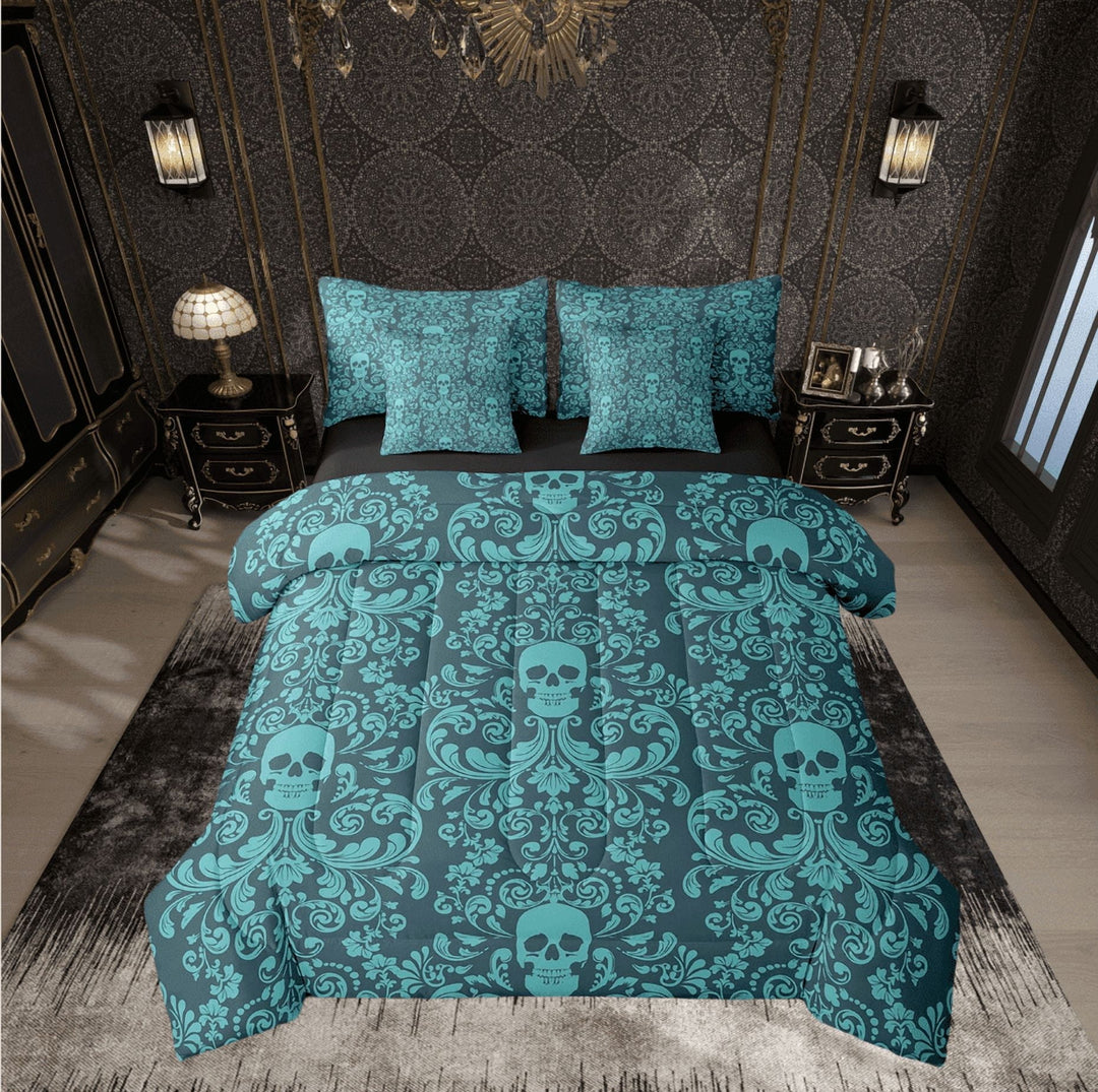 Damask Gothic Bedding Set Adults Antique Victorian Bed in a Bag Queen Comforter Set 7 Piece,Turquoise Sugar Skull Sheet Set Vintage Baroque Floral Goth Bed Set,Exotic Bone Skeleton Bohemian Decor