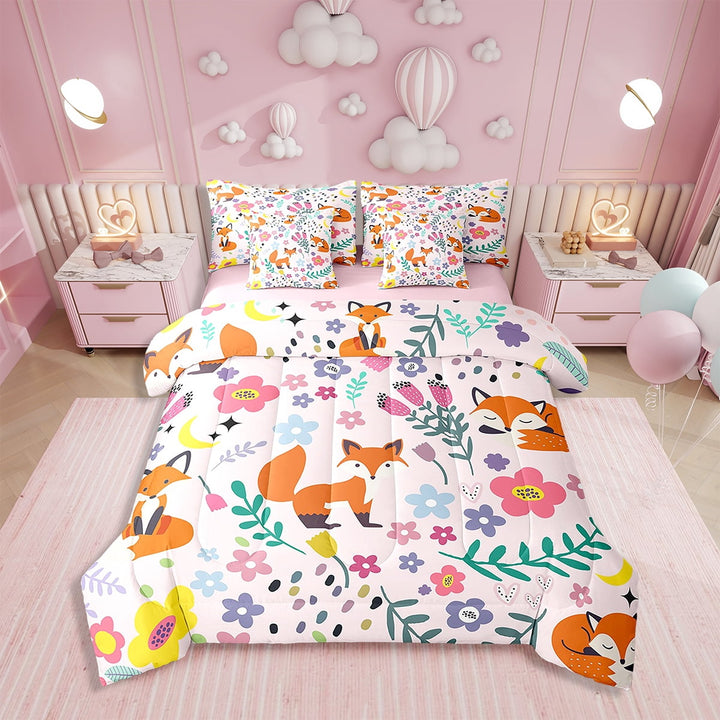 Floral Fox 7 Piece Bedding Sets Cute Fox Comforter Bed in a Bag Farmhouse Animal Flower Printed Quilt with Sheet Set, Teen Bedroom Decor,Twin 7Pcs