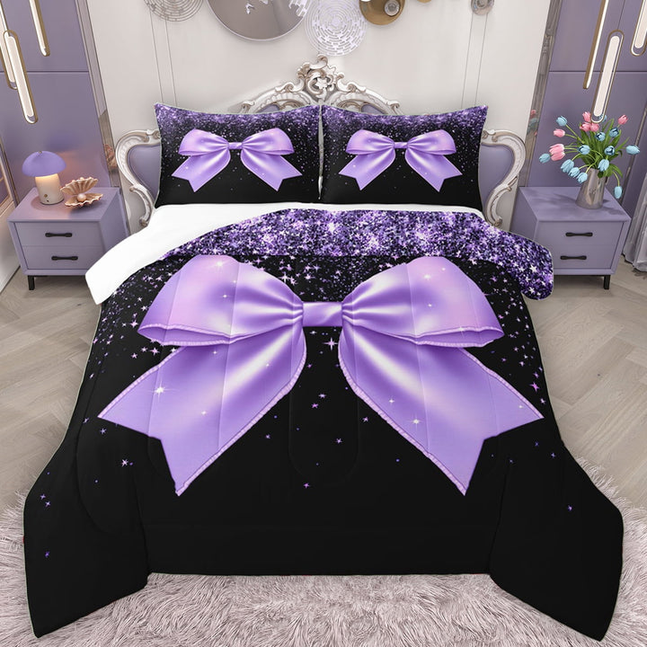 Manfei Princess Bling Bowknot Full Size Comforter Sets, Dreamy Glitter Bow-tie Bedding Comforter Set, Black Purple Cartoon Bedding Sets, Breathable Home Decor, 3pcs