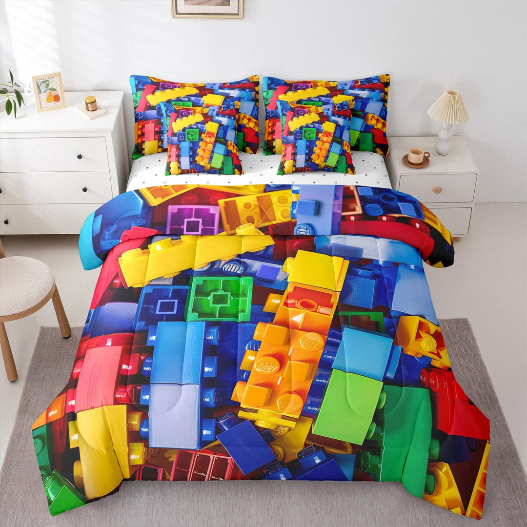 Erosebridal Colorful Toy 7 Pcs Comforter Set Full, Building Blocks Bedding, 3D Rainbow Construction Brick Sheet Set Bed in A Bag Funny Geometric Rectangle Duvet Insert