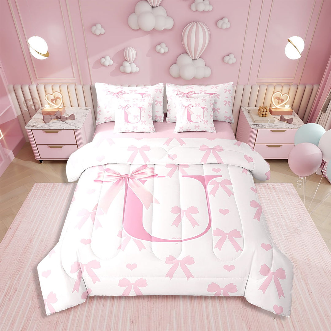Pink Bow Bed Set in a Bag 7 Pcs,Initial Letter U Chic Romantic Bedding Set,Princess Style Bowknot Love Hearts Girly Fairy Comforter with Fitted,Flat Sheet,Pillowcase,Pillow Covers,Twin