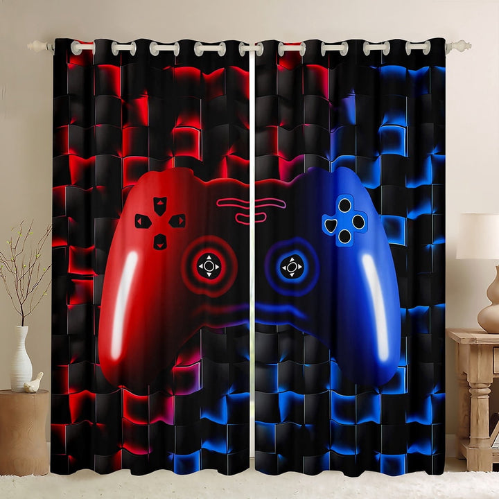 Gaming Window Curtains Bedroom 38Wx45L 30%-50% Blackout Curtains 3D Geometric Gamer Curtains &amp; Drapes,Game Console Window Treatments 2 Panels,Neon Red Blue Black