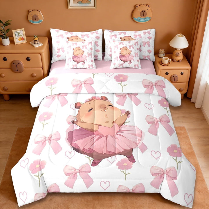 Erosebridal Brown Cartoon Capybara 7-Piece Twin Bedding Sets For Capybara Lover,Cute Coquette Bows Bedding Comforter Set For Kids Girls ,Reversible Pink