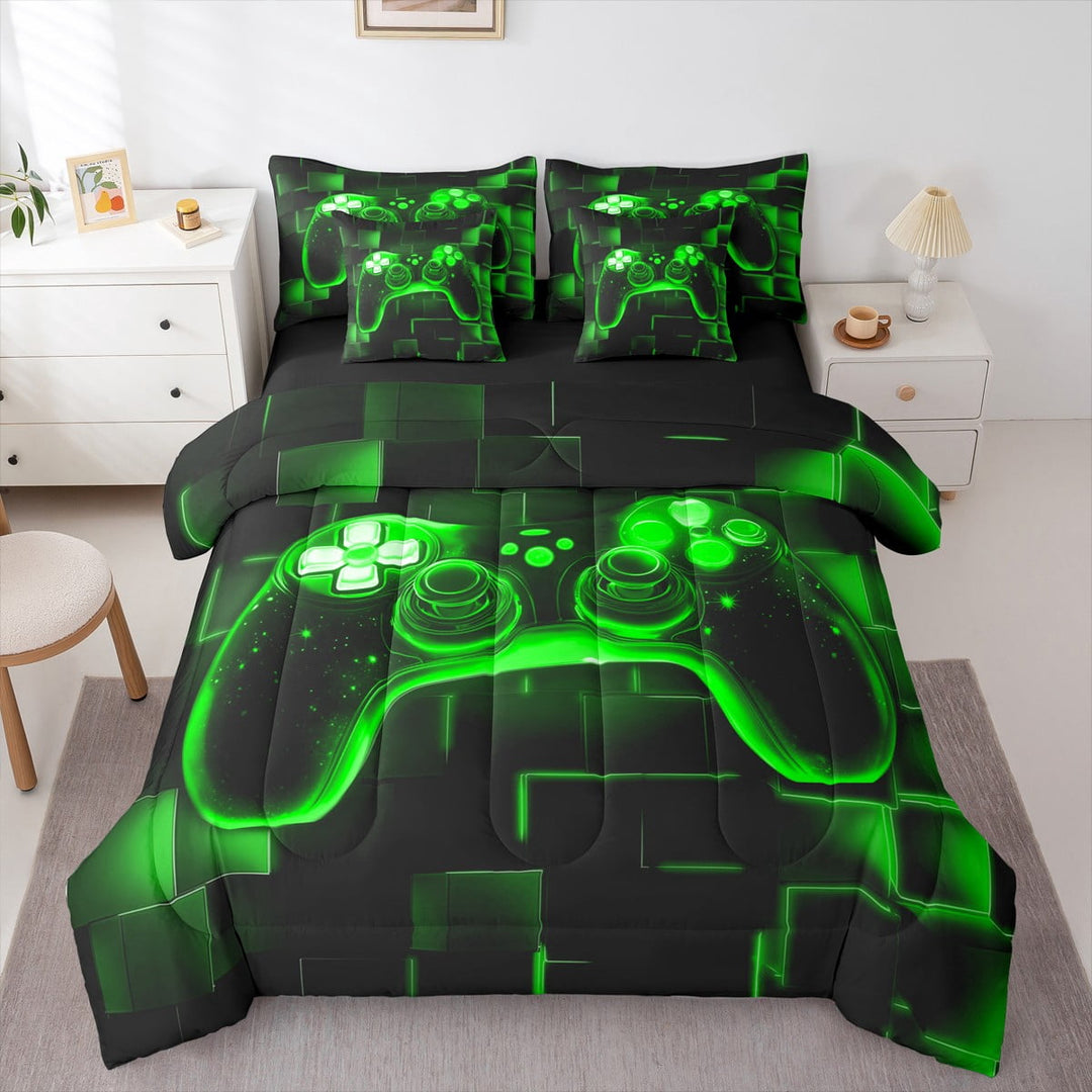 Erosebridal 7Pcs Gamer Comforter Set King For Boys,Gaming Bedding Comforter Set,Video Games Gamepad Bed In A Bag Neon Glowing Square Geometric Grid Green Bed Sets With Comforter And Sheets