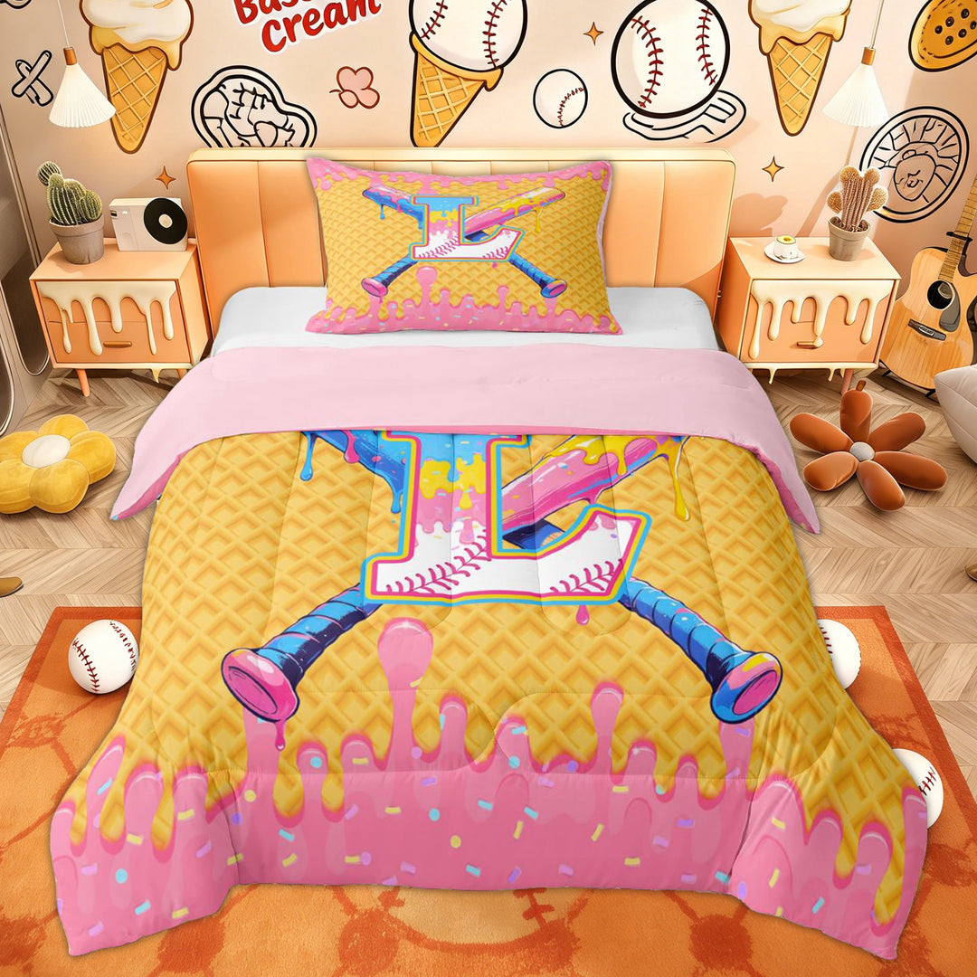 Erosebridal Kids Pink Baseball Twin Comforter Sets, Ice Cream Monogrammed L Bedding Set, 2-Piece