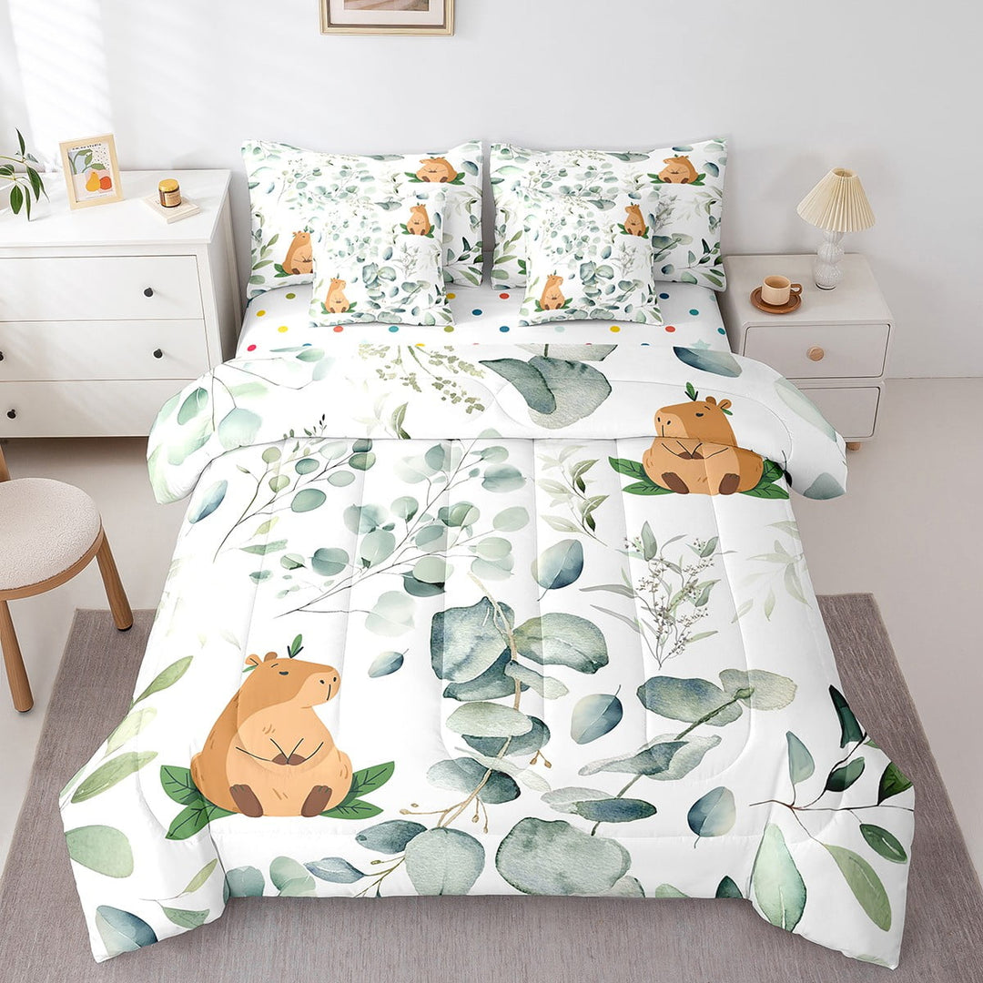 Kawaii Animal Twin Comforter Set 7 Pieces Cute Capybara Bedding Comforter Sets, Cartoon Wildlife Bed in a Bag Green Leaf Bedding Set, Spring Garden Bed Sheets Set Bedroom Decor