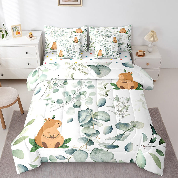 Kawaii Animal Twin Comforter Set 7 Pieces Cute Capybara Bedding Comforter Sets, Cartoon Wildlife Bed in a Bag Green Leaf Bedding Set, Spring Garden Bed Sheets Set Bedroom Decor