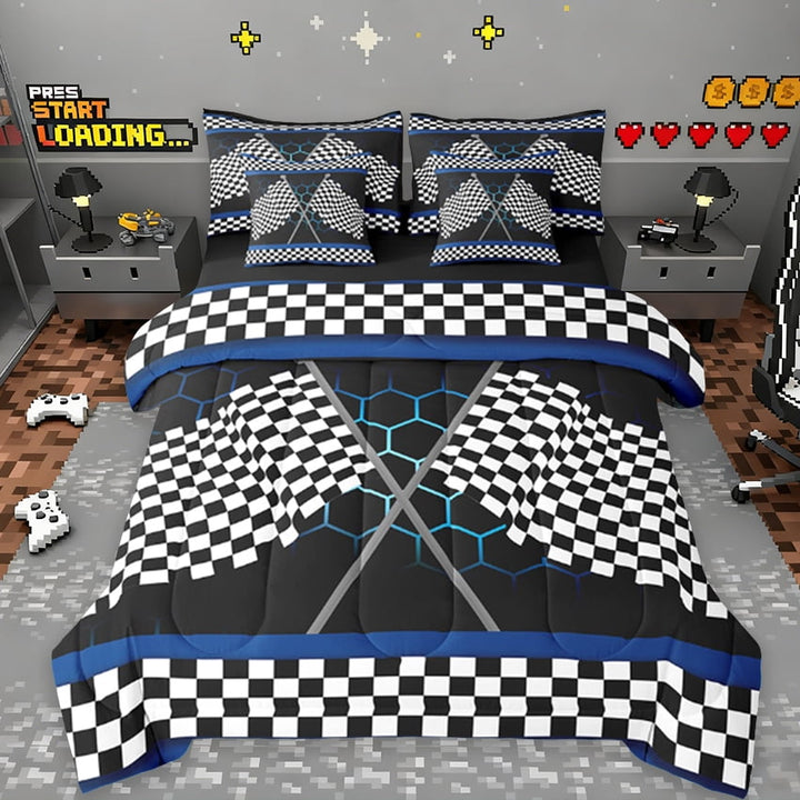 Erosebridal Race Car Flag Bed In A Bag Twin Size,Black White Plaid Bed Set,Outdoor Sports Car For Teenagers Bedding Twin Size, Super Cozy Bedroom Decoration,7 Pieces Reversible