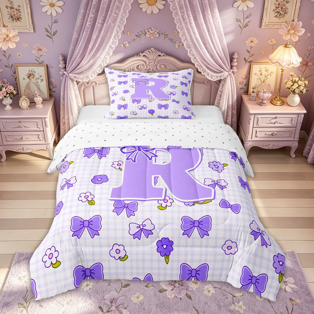meiyoeat Cute Bow Letter R Full Size Comforter Sets, Floral Plaid Bedding Comforter Set for Kids Girls, Purple, Reversible, 3pcs, 1 Comforter and 2 Pillowcases